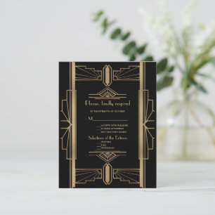 Luxury Gold Black Art Deco Wedding uit 1920 RSVP Kaartje
