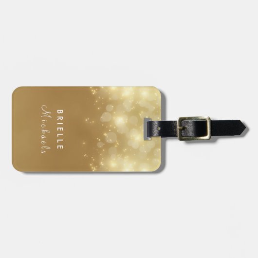 Luxury Gold Bokeh Glow Faux Glitz met naam Bagagelabel (Voorkant horizontaal)