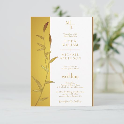 Luxury Gold Calligraphy & Golden Leaves bruiloft Kaart (Staand voorkant)