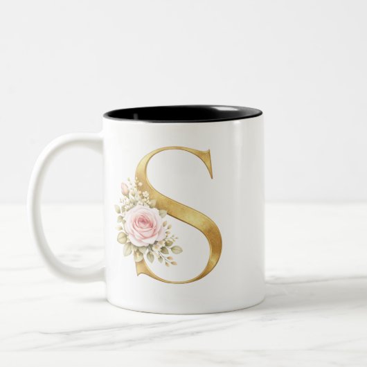 Luxury Gold Floral Letter S Monogram Tweekleurige Koffiemok (Links)