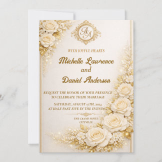 Luxury Gold Floral Wedding with Monogram Kaart