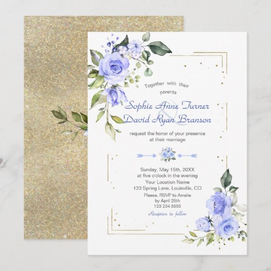 Luxury Gold Glitter Lijst Blue Flowers Wedding Kaart (Voorkant / Achterkant)