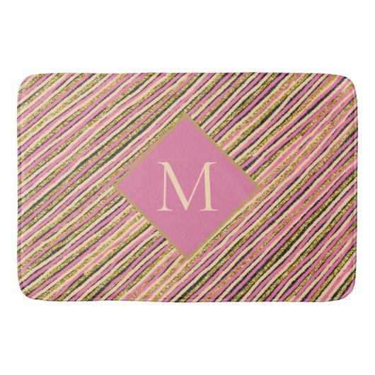 Luxury Gold Glitter Sparkle Monogram Roze Stripes Badmat (Voorkant)