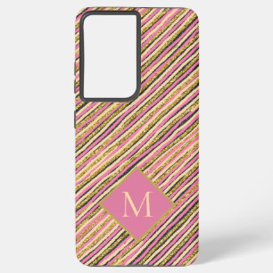 Luxury Gold Glitter Sparkle Stripes Pink Monogram Samsung Galaxy Hoesje