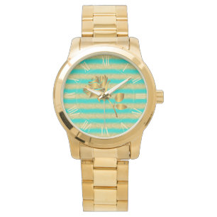Luxury Gold Glitter Turquoise Floral Gift Watch Horloge