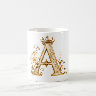 Luxury Gold Letter A Monogram with Crown & Lily Fl Koffiemok