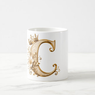 Luxury Gold Letter C Monogram with Crown & Lily Fl Koffiemok
