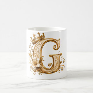 Luxury Gold Letter G Monogram with Crown & Lily Fl Koffiemok