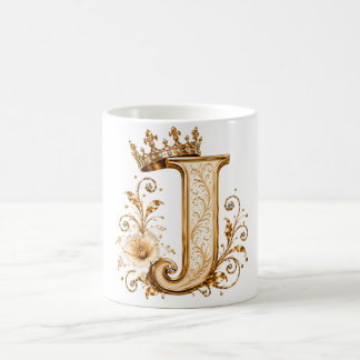 Luxury Gold Letter J Monogram with Crown & Lily Fl Koffiemok