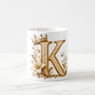 Luxury Gold Letter K Monogram with Crown & Lily Fl Koffiemok