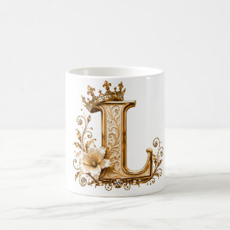Luxury Gold Letter L Monogram with Crown & Lily Fl Koffiemok