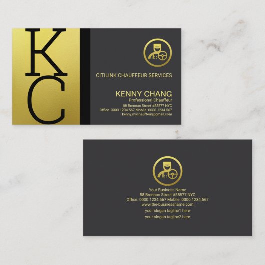 Luxury Gold Monogram Modern Professional Chauffeur Visitekaartje (Voorkant / Achterkant)