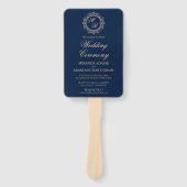 Luxury Gold Monogram Navy Blue Wedding Programme Handwaaier (Voorkant)