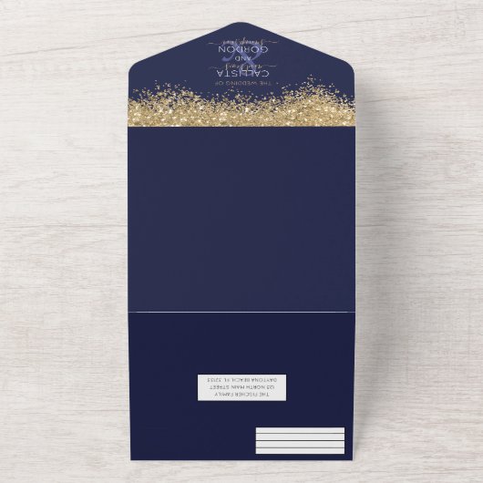Luxury Gold Navy Glitter Confetti Weddenschap All In One Uitnodiging (Buitenkant)