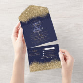 Luxury Gold Navy Glitter Confetti Weddenschap All In One Uitnodiging (Afscheurbaar)