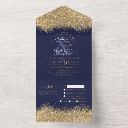 Luxury Gold Navy Glitter Confetti Weddenschap All In One Uitnodiging (Binnen)
