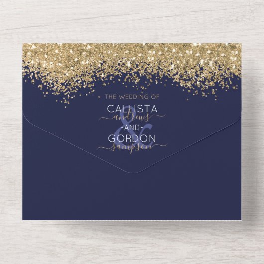 Luxury Gold Navy Glitter Confetti Weddenschap All In One Uitnodiging (Achterkant)