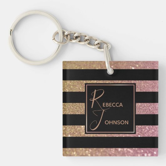 Luxury Gold Pink Glitter Stripes - Sleutelhanger (Voorkant)