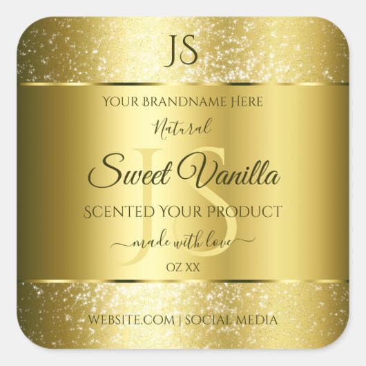 Luxury Gold Soft Glitter-Initialen Productlabels Vierkante Sticker (Voorkant)