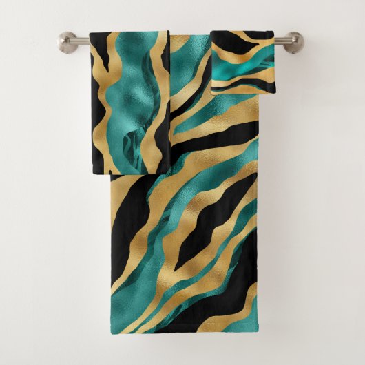 Luxury Gold Teal Tiger Stripe Pattern Bad Handdoek (Insitu)