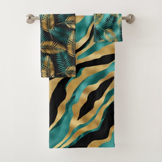 Luxury Gold Teal Tiger Stripe & Tropical Leaves (En situation)