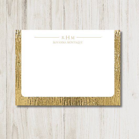 Luxury Gold Texture Lined Name Three Monogram Notitiekaartje