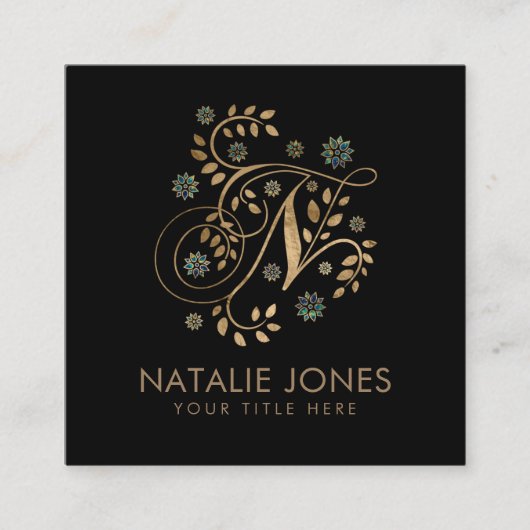Luxury Golden Calligraphy Monogram met letter N Vierkante Visitekaartje (Voorkant)