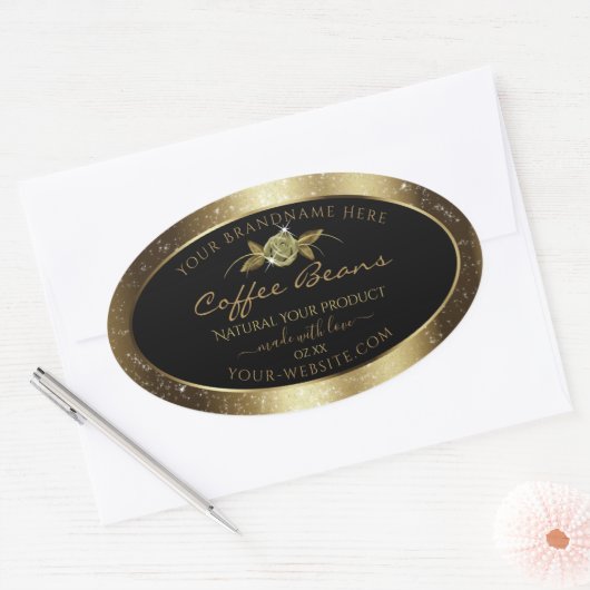Luxury Golden Glitter Floral Black Product Labels (Envelop)