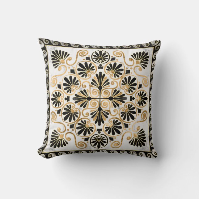 Luxury Greek Ornament Black en White Marble Kussen (Voorkant)