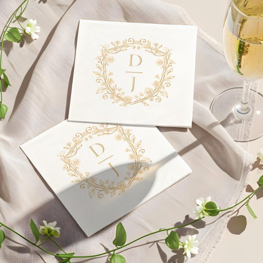 Luxury Hand Drawn Floral Vine Crest Monogram Folie Servetten