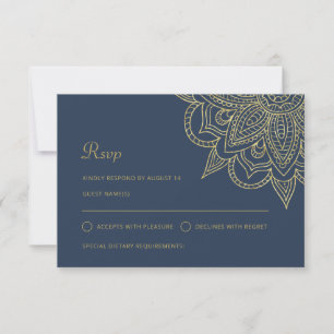 Luxury Indian Elegant Blue Gold Mehndi Wedding RSVP Kaartje