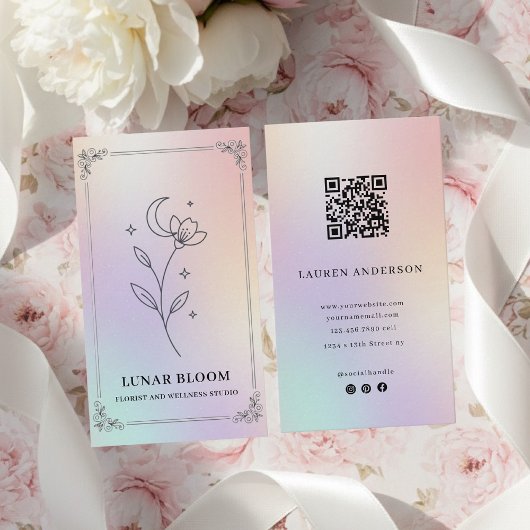 Luxury Iridescent Holographic Floral QR Code Visitekaartje