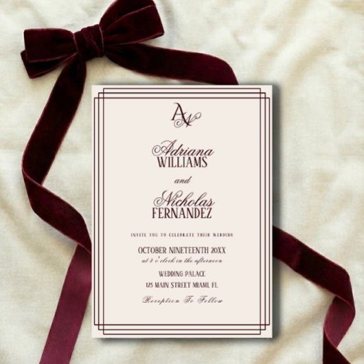 Luxury Ivory Burgundy Monogram Wedding Kaart