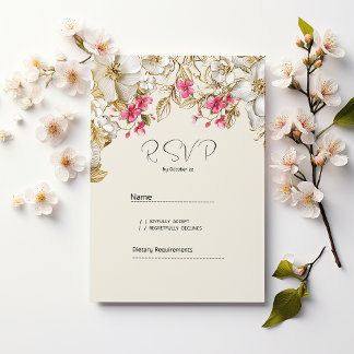 Luxury ivory pink white gold flowers RSVP Kaart