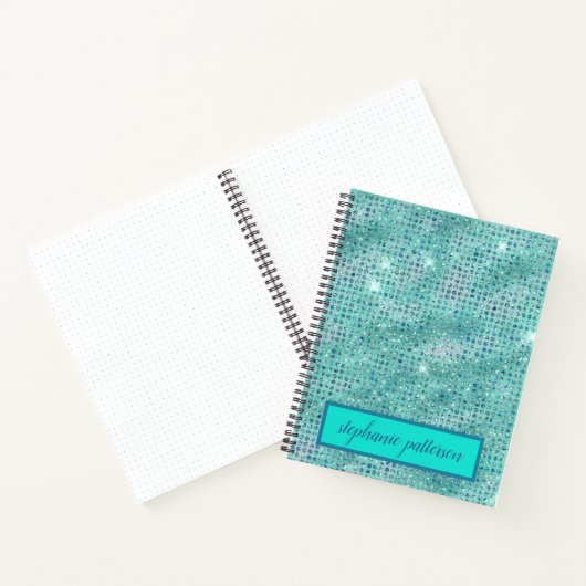 Luxury Light Blue Shimmering Sequins Custom Name Notitieboek (Binnen)