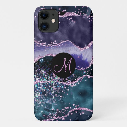 Luxury Marble Agate Paars Glitter Monogram Case-Mate iPhone Case (Achterkant)