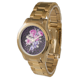 Luxury modern Paars zwart Roos Tigar Horloge