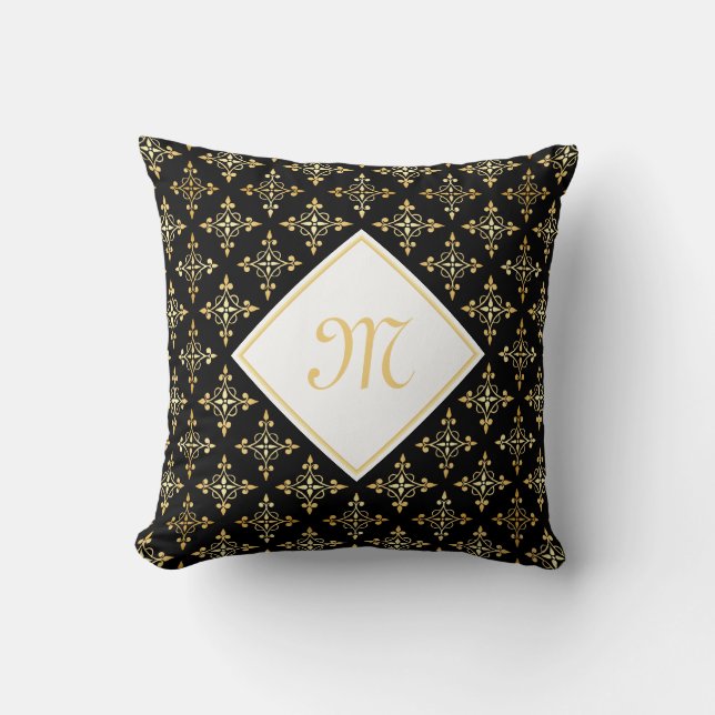 Luxury Monogram Black en Gold Quatre Floral Kussen (Voorkant)