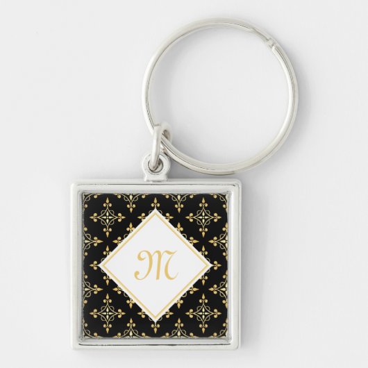 Luxury Monogram Black en Gold Quatre Floral Sleutelhanger (Voorkant)