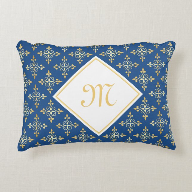 Luxury Monogram Blue en Gold Quatre Floral Accent Kussen (Voorkant)