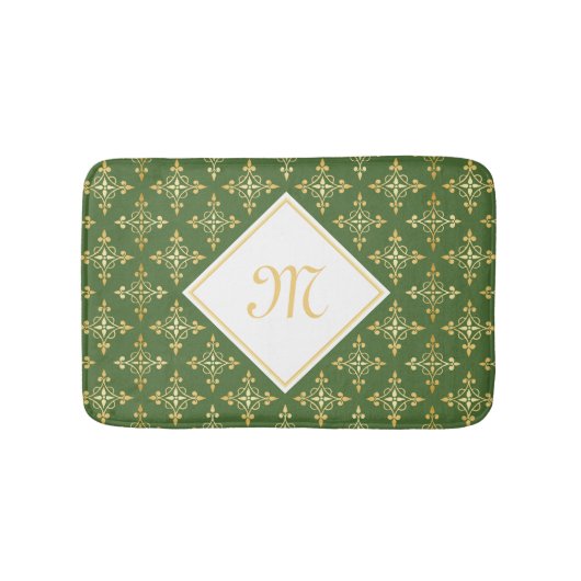 Luxury Monogram Green en Gold Quatre Floral Badmat (Voorkant)