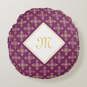 Luxury Monogram Paars en Gold Quatre Floral Rond Kussen