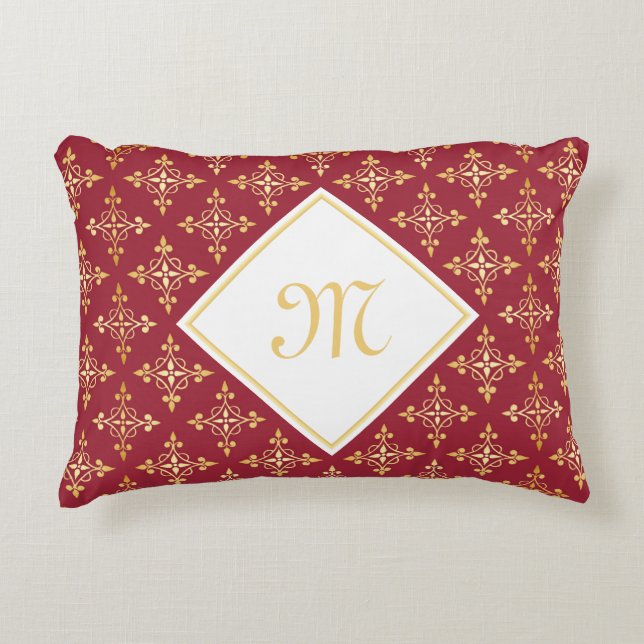 Luxury Monogram Red en Gold Quatre Floral Accent Kussen (Voorkant)