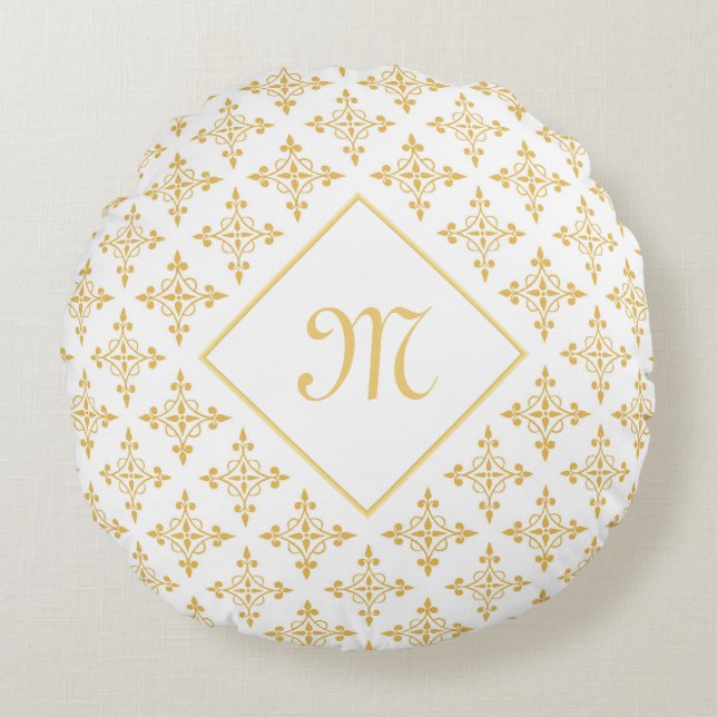 Luxury Monogram White en Gold Quatre Floral Rond Kussen (Voorkant)