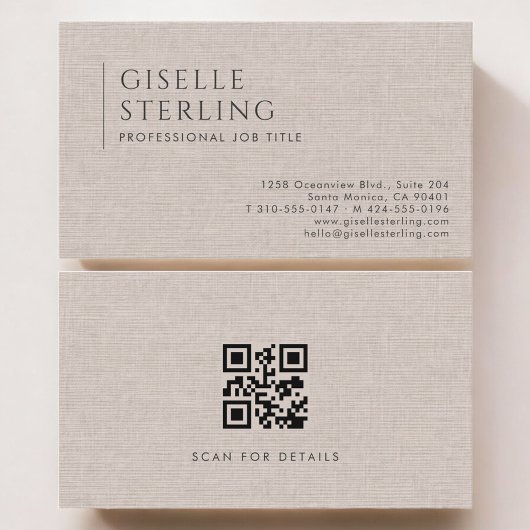 Luxury Natural Brown Linen QR Code Visitekaartje