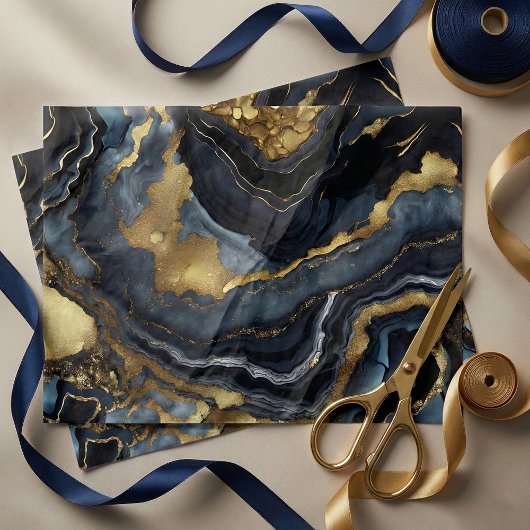 Luxury Navy Blue Black Faux Gold Marble Agate Tissuepapier
