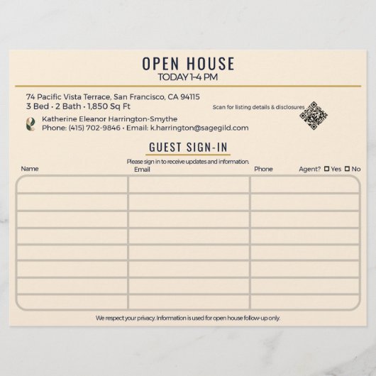 Luxury Navy/Cream Open House Both Sides Sign-In Flyer (Voorkant)