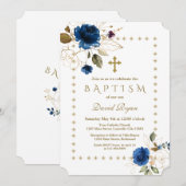 Luxury Navy Floral Gold Glitter Sparkles Baptisme Kaart (Voorkant / Achterkant)