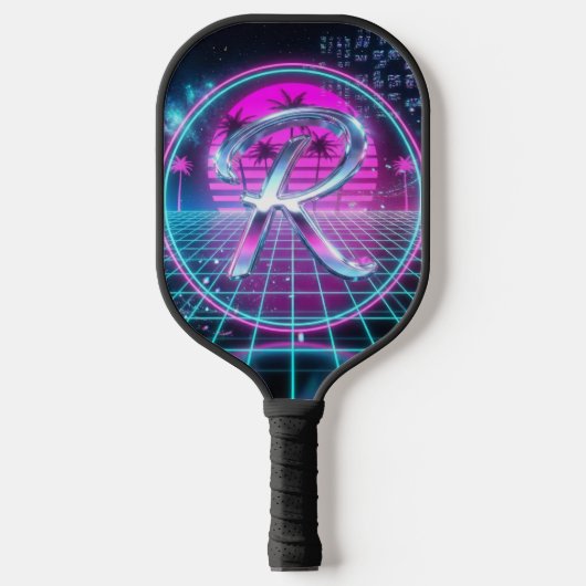 Luxury Neon Chrome Initial Monogram Retro Pickleball Paddle (Voorkant)