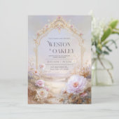 Luxury Ornate Gold Arch Pink Peony Floral Wedding Kaart (Staand voorkant)